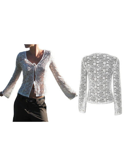 Lace Trimmed V-neck Blouse With Tie Front Detail and Long Sleeves - Stylish S Shirt for Street Style