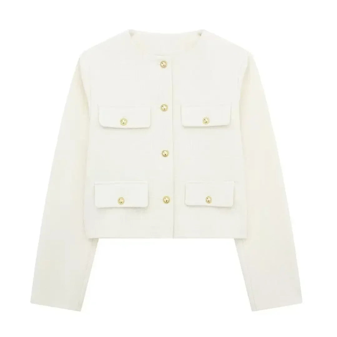 Button Fake Pocket Jacket O-neck Long Sleeve Single Breasted Cropped Coats New Lady Outerwear