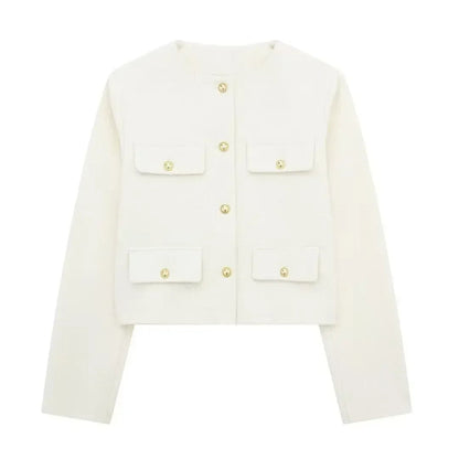 Button Fake Pocket Jacket O-neck Long Sleeve Single Breasted Cropped Coats New Lady Outerwear