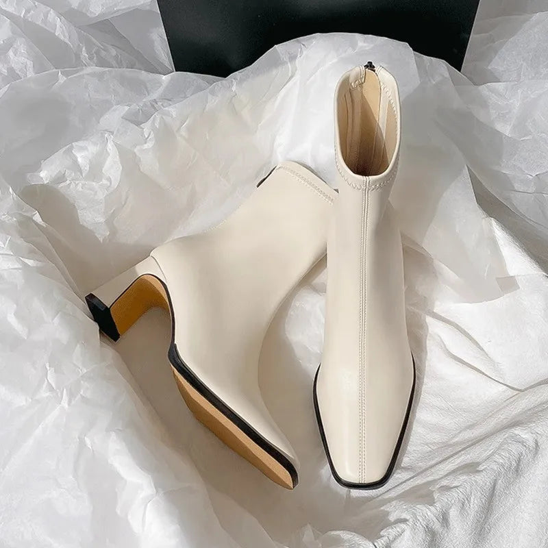 Square Ankle Comfortable Soft Leather High Heel Zipper Ankle Boot