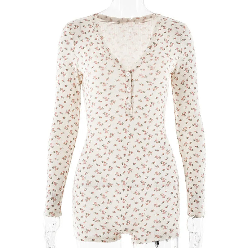 Print Playsuits Long Sleeve Low Chest V Neck Button Half Cardigan High Waist Straight Pants Playsuit