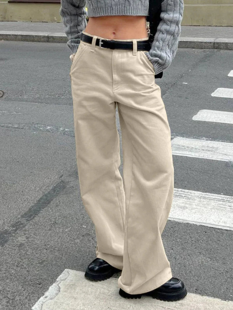 Khaki Classic Wide Leg Pant High Waist Pocket Loose Simple Trouser Autumn Winter Pants New