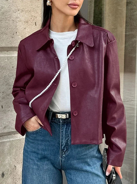 Burgundy Faux Leather Jackets Moto Biker Lapel Zipper Long Sleeve Female Coats Spring Lady Street Outwear