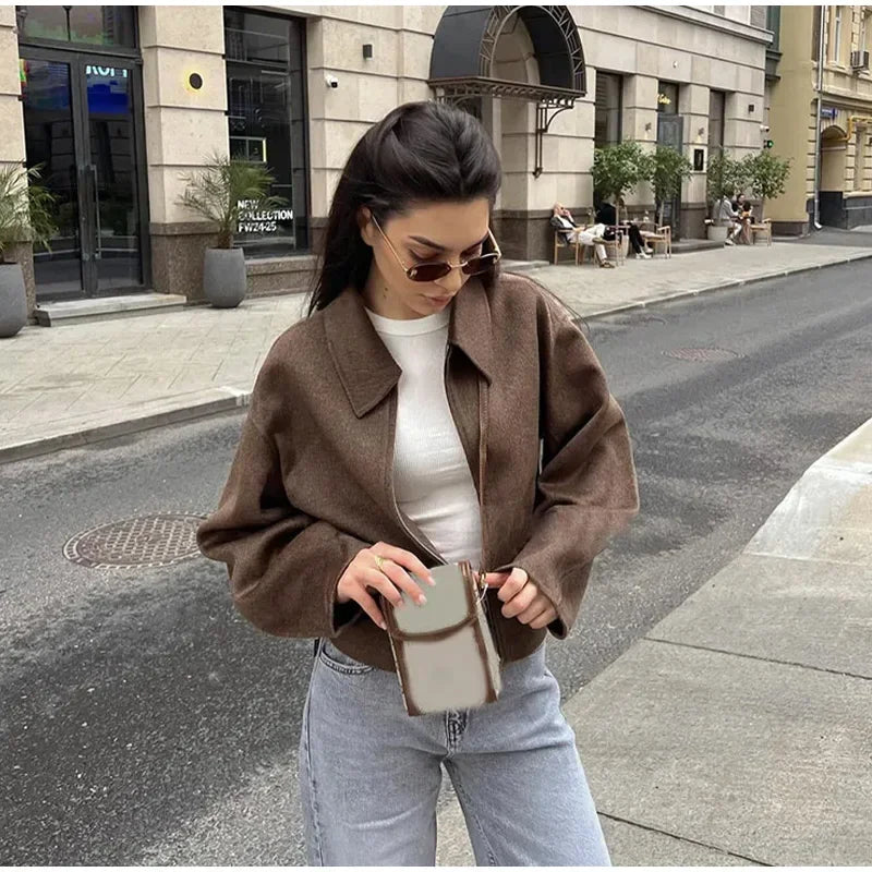 Lapel Short Jacket Loose Long Sleeve Zipper Crop Coats Autumn New Lady High Street Outwears