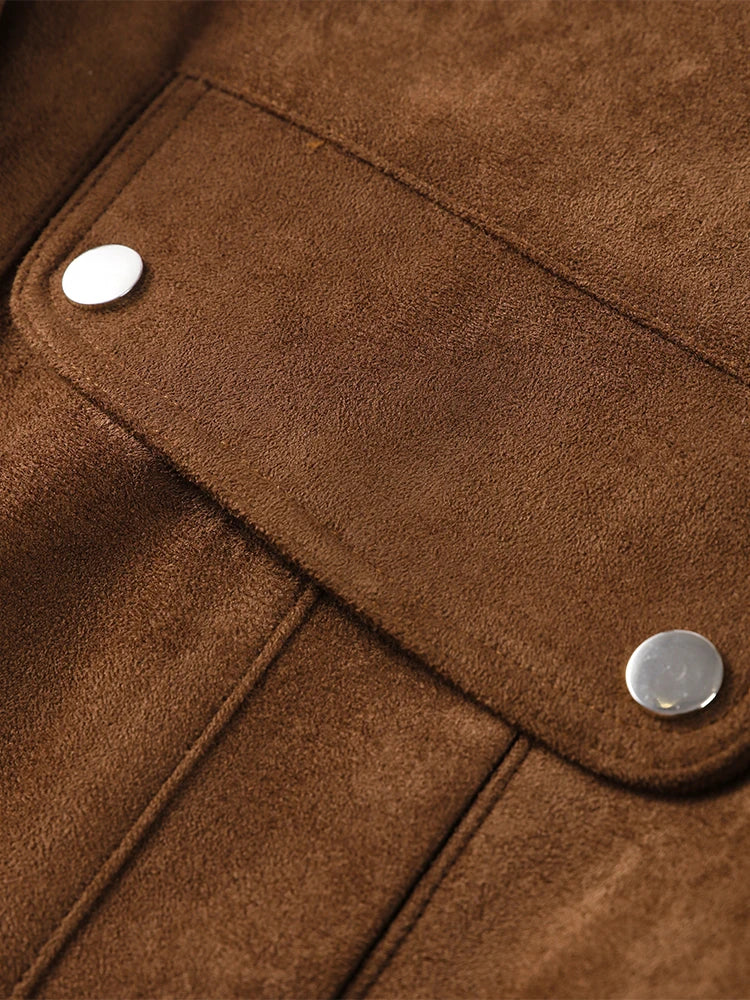 Zipper Suede Cargo Jacket Coat Button Lapel Maillard Slimming Workwear Leather Jackets Short Outwear Commute Overcoat