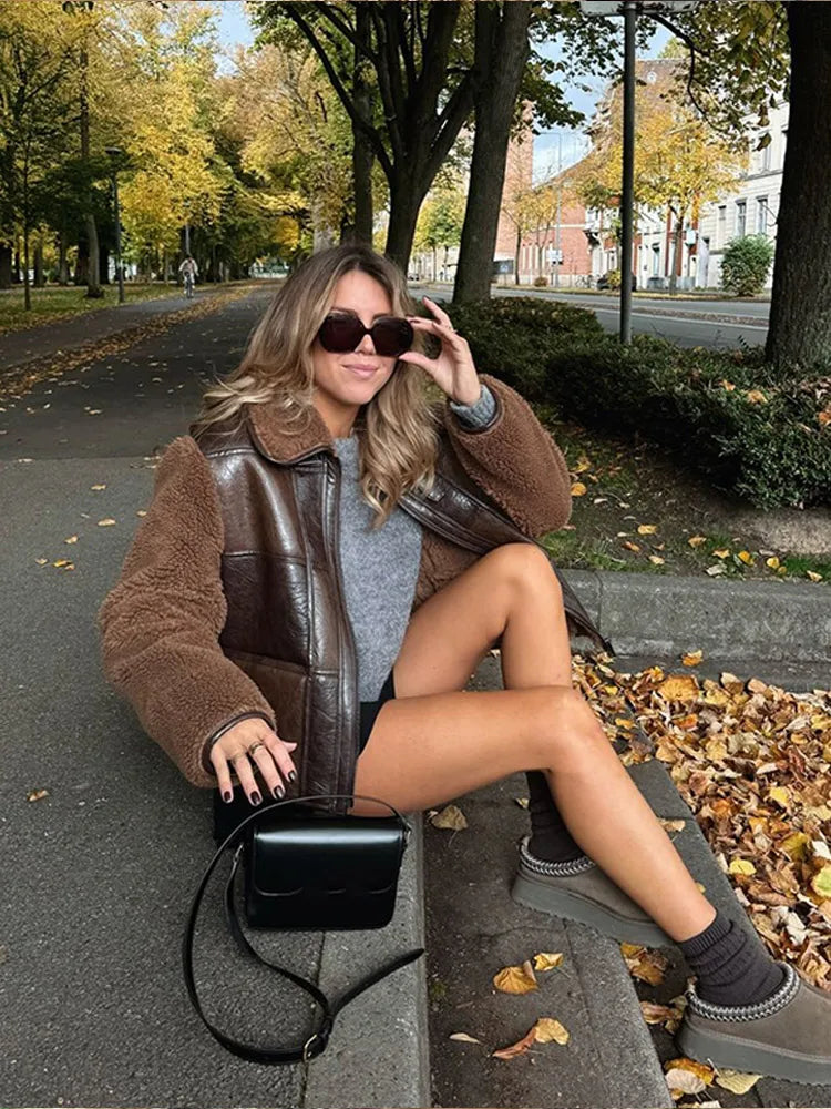 Zipper Patchwork Lamb Wool Leather Coats for Oversized Lapel Warm Jackets Lady High Street Outerwears