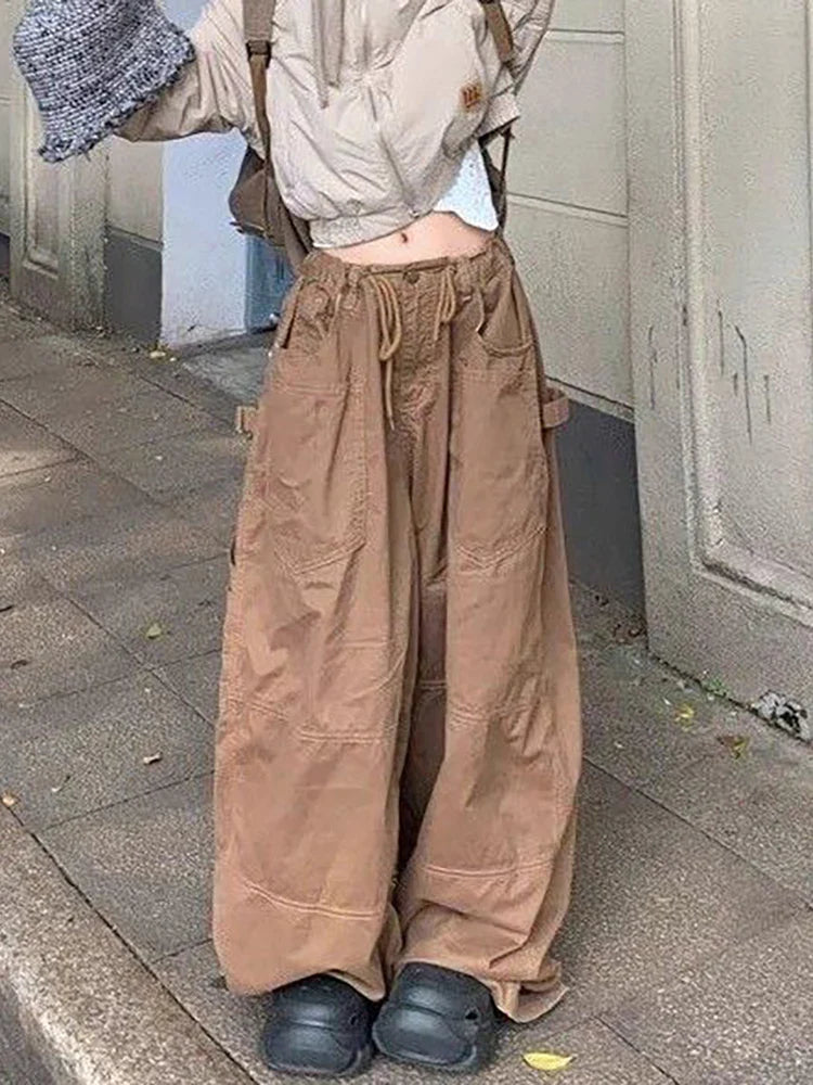 Plain Spliced Wide Leg Cargo Pants Big Pockets Drawstring Low Waist Loose Draped Sweatpants Lounge