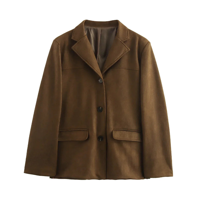 Autumn and Winter Suede Single-breasted Blazer Female High Street Lapel Long Sleeve Coat Mujer
