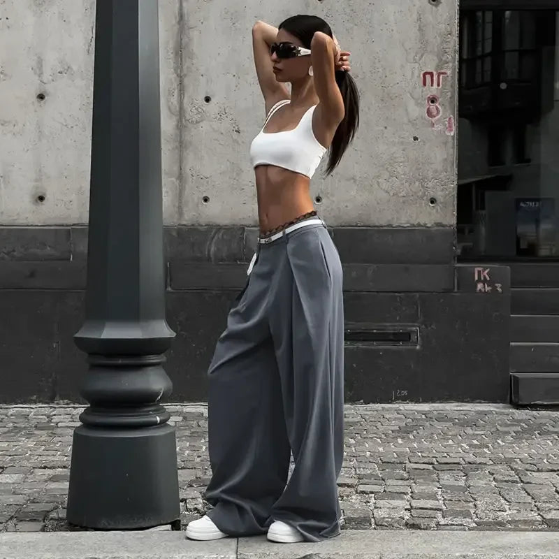 Y2k Lace Patchwork Waist Pants Baggy Korean Office Oversize Trousers Basic Old Money Pantalones
