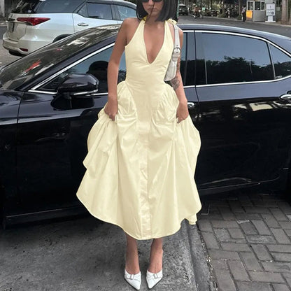 Backless Deep V Spliced Long Midi Dress