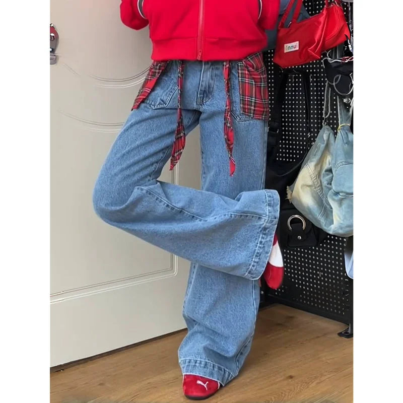 Taivimart - Y2k Blue Jeans for High Waist American Street Wide Leg Pants Hip Hop Straight Autumn Trousers