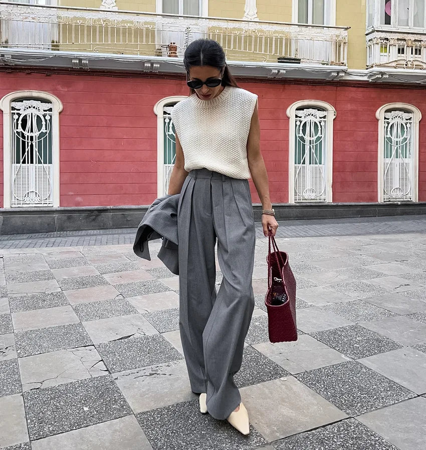 New Autumn Gray Straight Pant Cotton Blend Color High Wiast Loose Woman Trouser Simple Female Clothing New