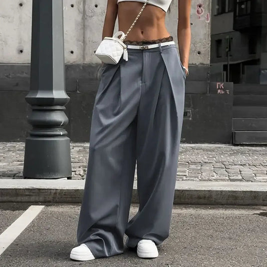 Y2k Lace Patchwork Waist Pants Baggy Korean Office Oversize Trousers Basic Old Money Pantalones