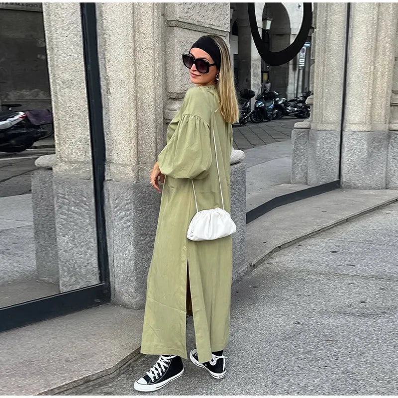 Street Lace Up Long Dresses New Loose V-neck Side Slit Dress Female Summer Versatiel Street Party Robes