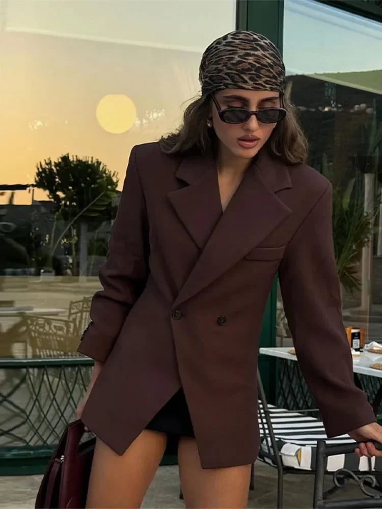 Brown Lapel With Pocket Jacket Woman Cuff Buttons Long Sleeve Blazer Coat Lady Autumn High Street Outwear