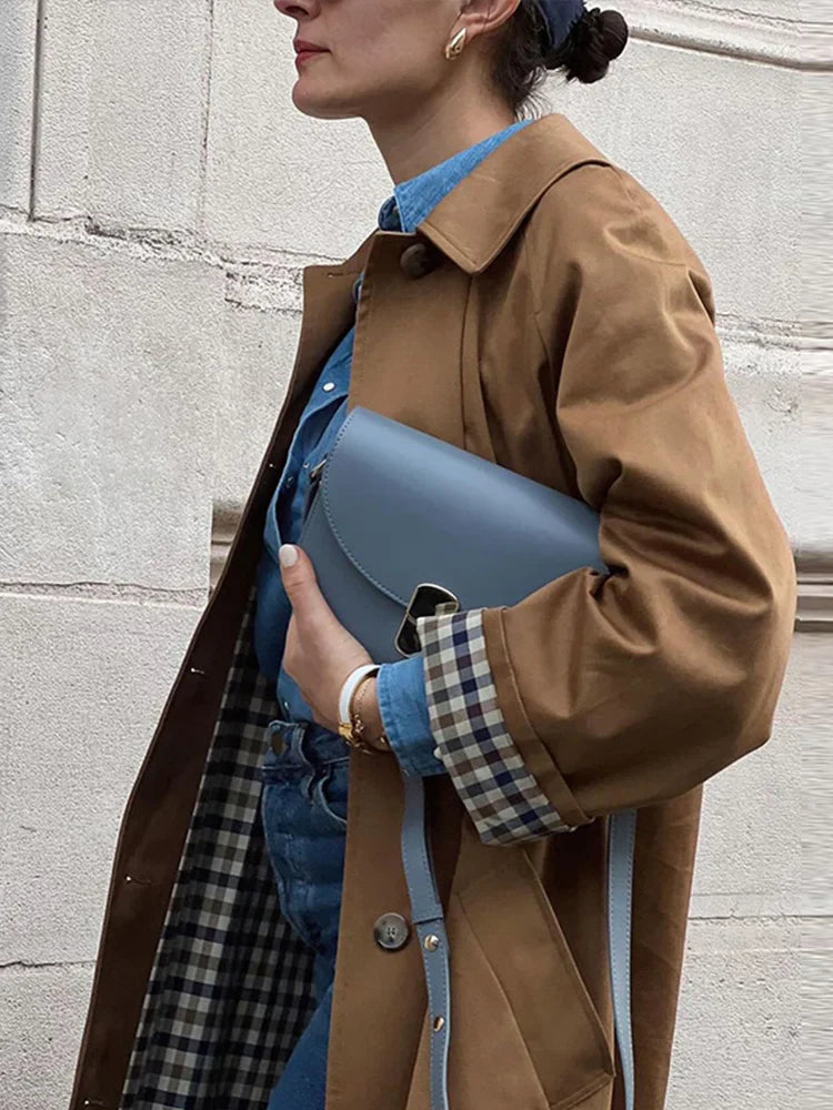 Woman Long Trench Coats Khaki Plaid Lined Lapel Single Breasted Jacket With Pocket Autumn Lady Commute Outwear