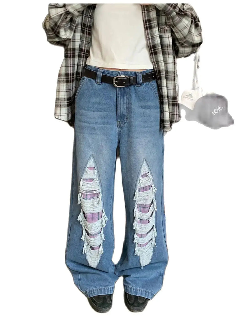 Jeans With Contrasting Plaid Holes and Splicing High-waisted Summer American High Street Loose Slimming Wide-leg Pants