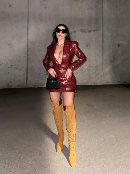 Deep V Red Lattice Leather Mini Dress Long Sleeve High Waist Fold Slim Dresses Lady New Highstreet Short Robe