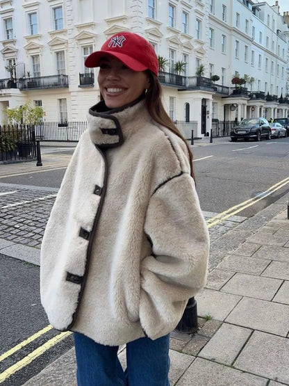 Pocket Fleece Jacket Coat Single Breasted Long Sleeve Warm Outerwear Autumn Winter Jackets New