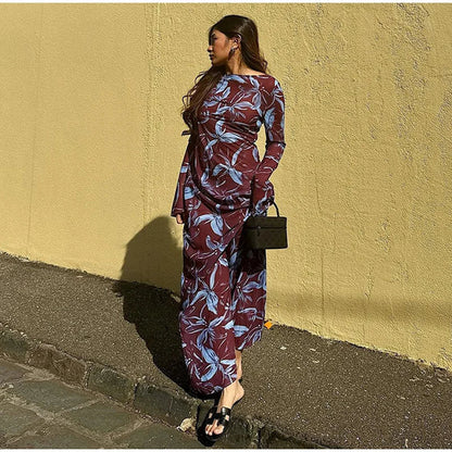 Retro Printed O-neck Holiday Dress Full Sleeve Waist-cinching Long Dresses Female Summer Street Vestidos