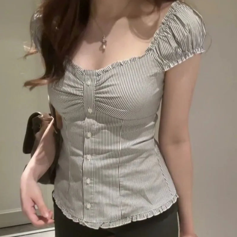 Y2k Stripes Ruffle Blouse