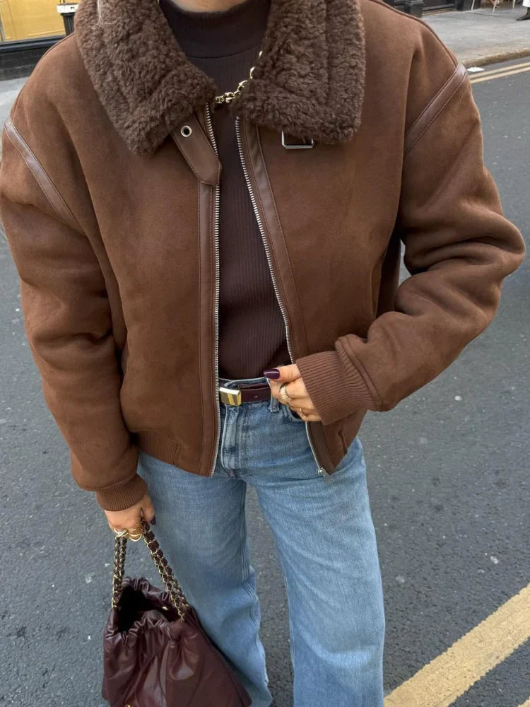 Coffee Lamb Wool Lapel Jackets for Zipper Long Sleeved Thicken Warm Coats New Female Winter