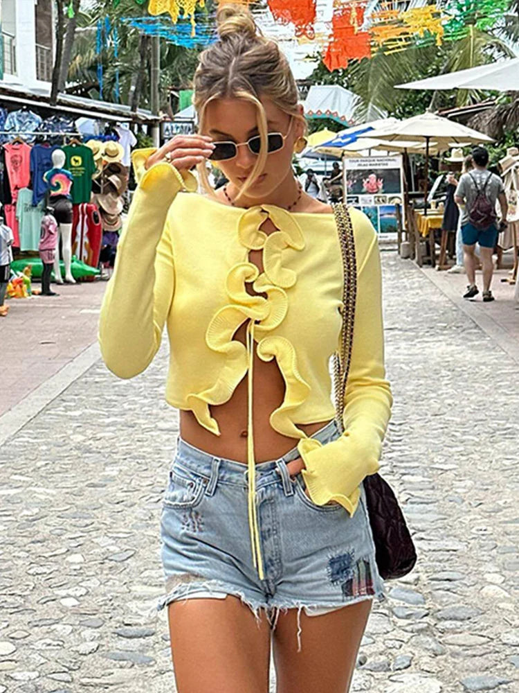 Slim Ruffle Lace Up Blouse Patchwork Hollow Out Short Cardigan Female Autumn Street Knitwear