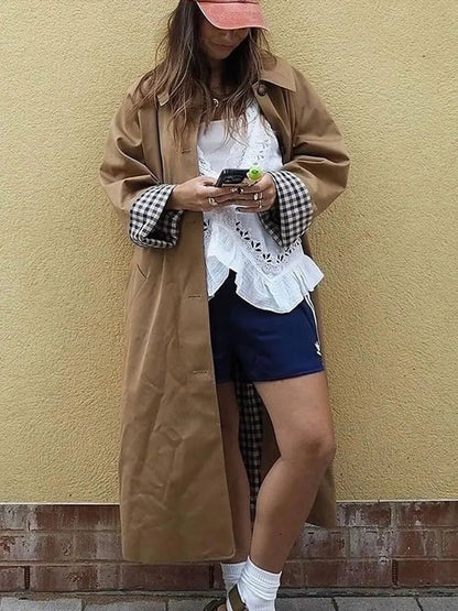 Woman Long Trench Coats Khaki Plaid Lined Lapel Single Breasted Jacket With Pocket Autumn Lady Commute Outwear