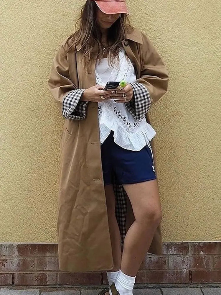 Woman Long Trench Coats Khaki Plaid Lined Lapel Single Breasted Jacket With Pocket Autumn Lady Commute Outwear