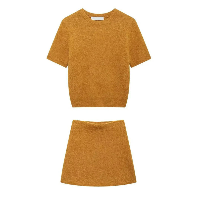 New Knitted Skirts Sets O Neck Short Sleeve Crop Top+mini Skirt Suits Two-piece Set