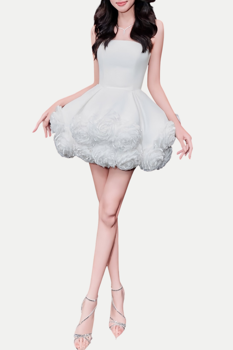 Sebast Flower Strapless Velvet Mini Dress - White