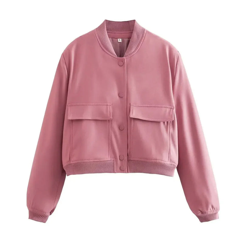 Basic Stand Collar Jacket Long Sleeve Cardigan Button Up Cropped Coat Baseball Outerwear Autumn Winter Clothes