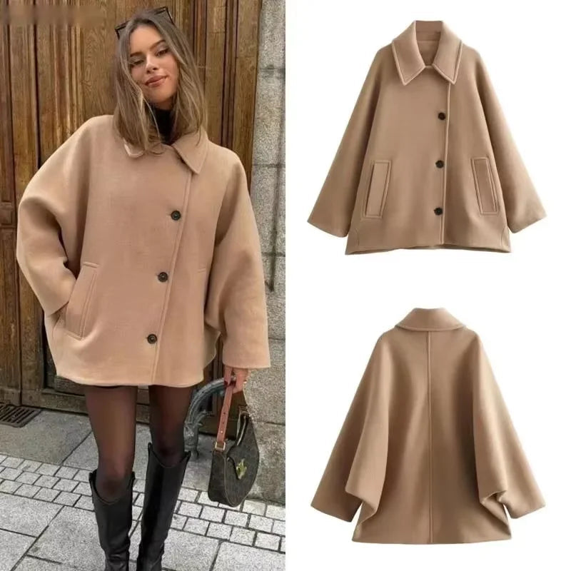 Diagonal Breasted Warm Loose Jacket Lapel Double Pocket Batwing Sleeve Coats Winter Female Outwear