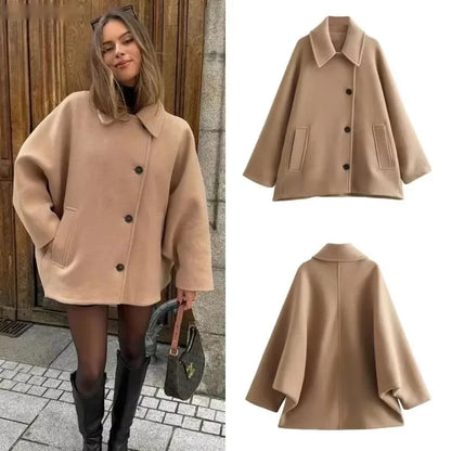 Diagonal Breasted Warm Loose Jacket Lapel Double Pocket Batwing Sleeve Coats Winter Female Outwear