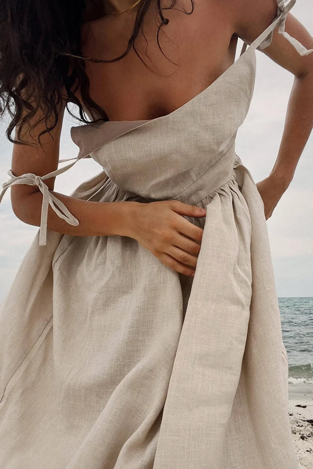 Secai Backless Cotton Linen Lace Up Maxi Dress