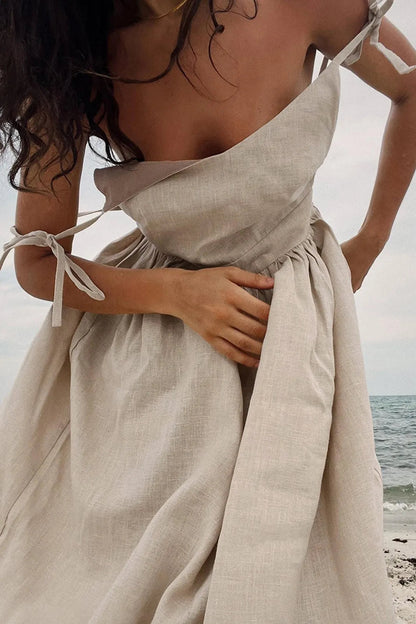 Secai Backless Cotton Linen Lace Up Maxi Dress