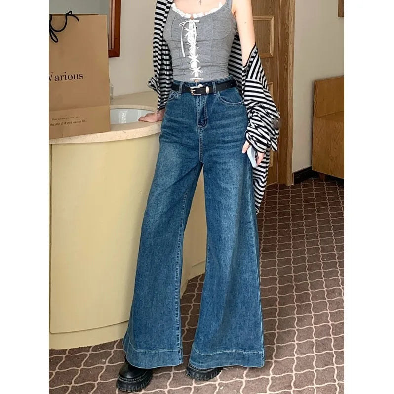 Blue Jeans High Waist Straight Winter Y2k Classic Denim Pants American Wide Leg Baggy Denim Trouser