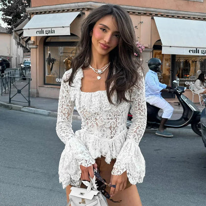 Splice Lace Square Collar See-through Top for Slim Flare Long Sleeve White T-shirt Female Pullover New