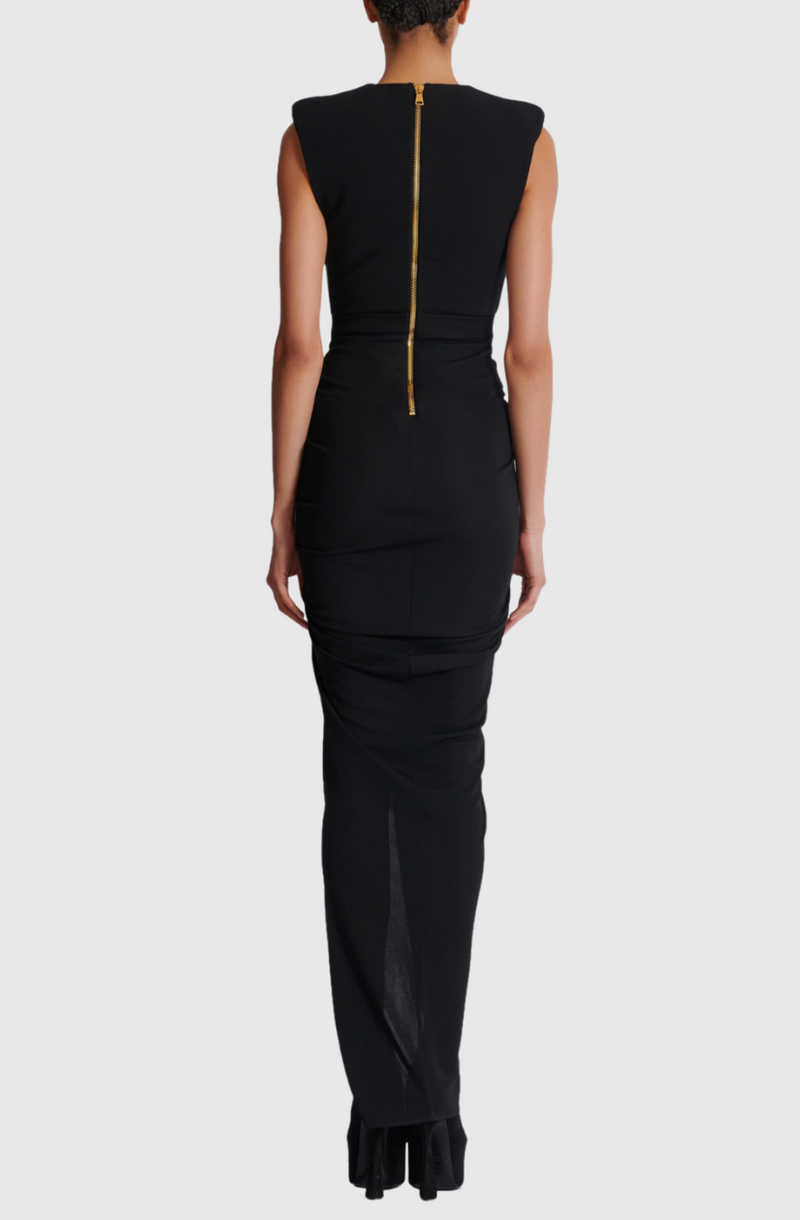 Sedzi Deep-v Sleeveless Ruched Slit Maxi Dress
