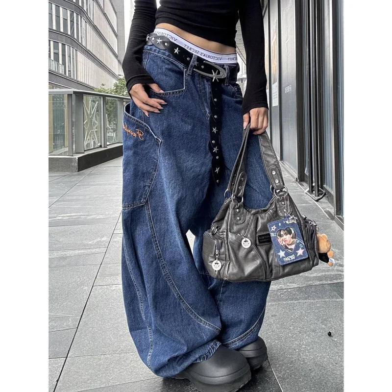 Blue Jeans Hip-hop Y2k Wide Leg Straight Jean High Waist Trouser Baggy Cargo Denim Pants
