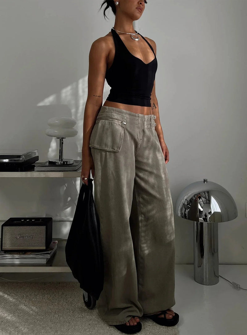 Pocket Adjustable Waist Wide Leg Pant Low Rise Waist Baggy Denim Trouser Jeans Femme Summer New