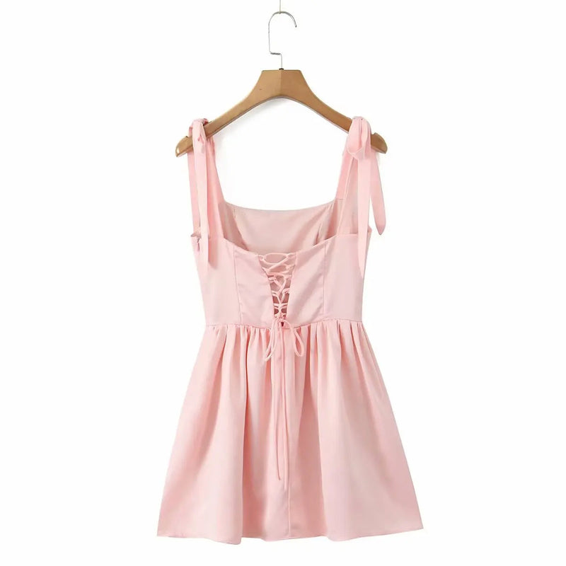 Pleated Design Tie-up Sleeveless Summer Dresses Color Slim Fit Mini Dress Simple Party Dress