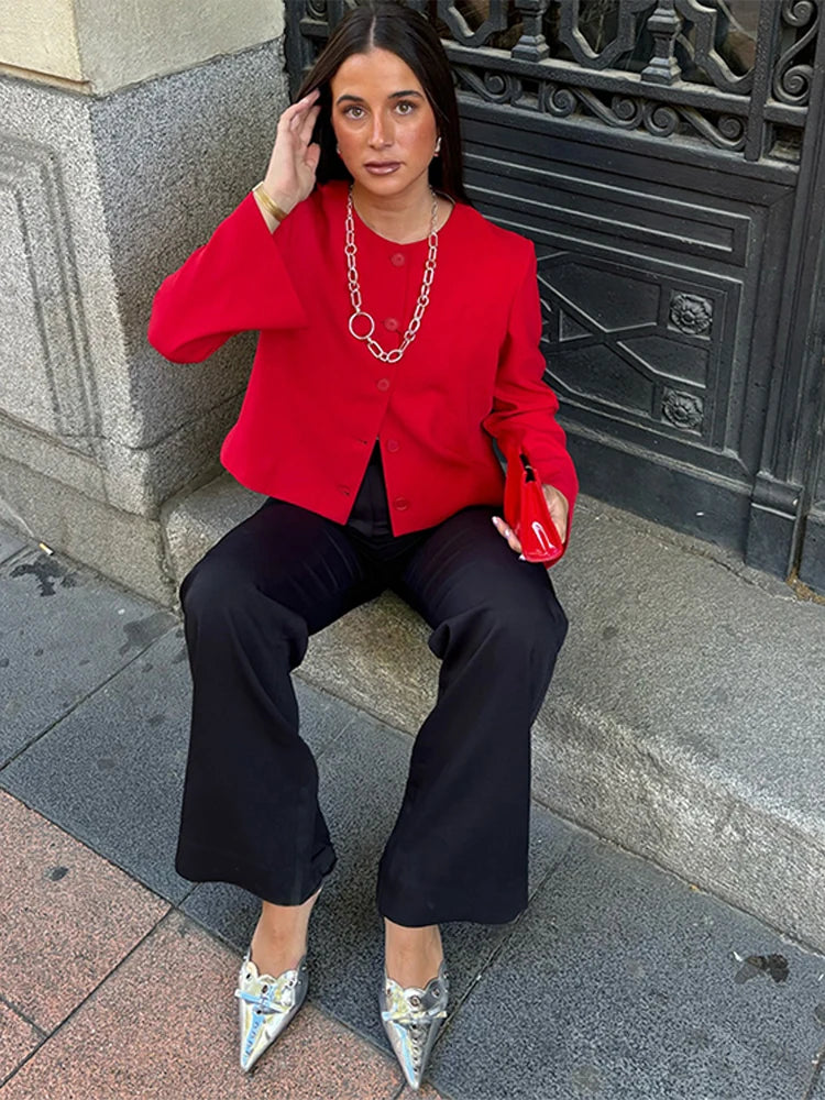 Slim Fit Jacket Round Neck Single Breasted Long Sleeve Short Jackets Color Coat Outerwears