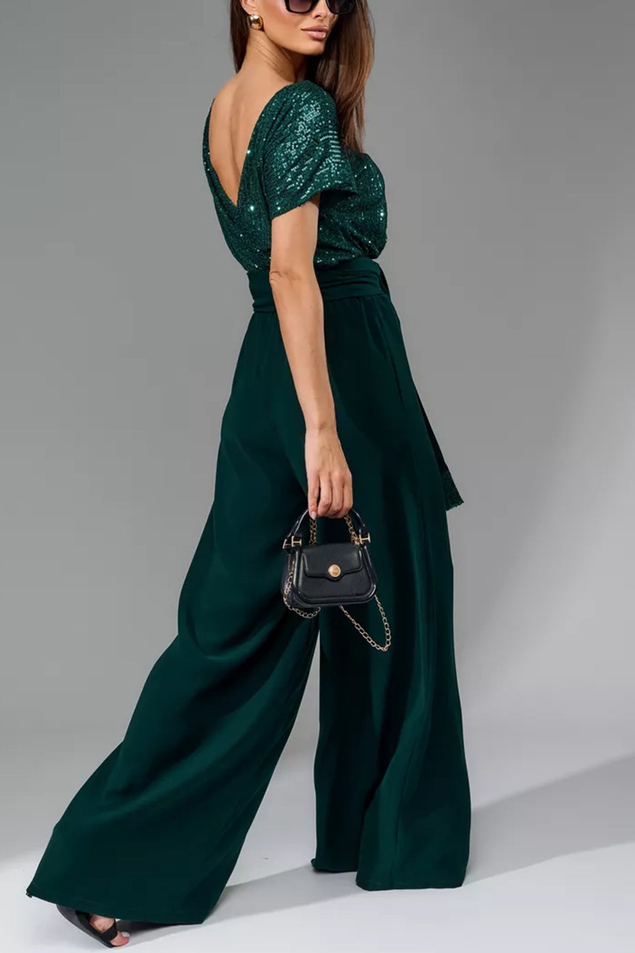 Sequin Patchwork Short Sleeve High Waist Jumpsuits