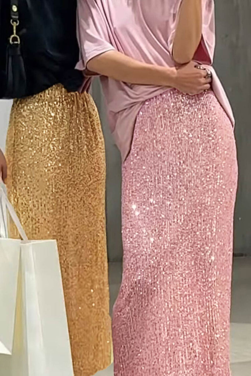 Sequins Back Slit Midi Skirt
