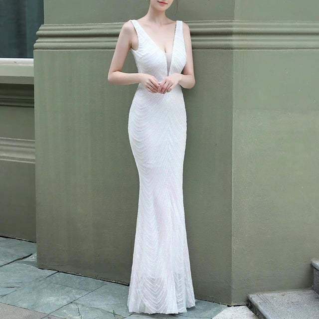 Backless Sequined Evening Dress High Waist Slim See Though Graduation Dress Party Long Dresses for