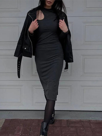 Cut Out O-neck Long Sleeve Midi Dresses