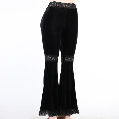 Patchwork Lace Flare Gothic Dark High Waist Loose New Suede Pants