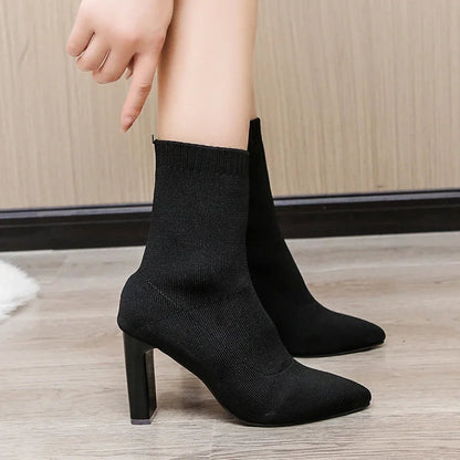 Pointed Toe Knitted Stretch Fabric Black Modern Ankle Boot