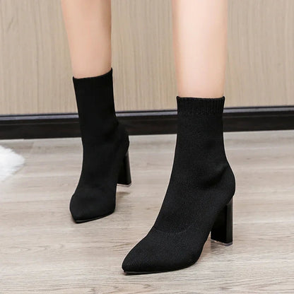 Pointed Toe Knitted Stretch Fabric Black Modern Ankle Boot
